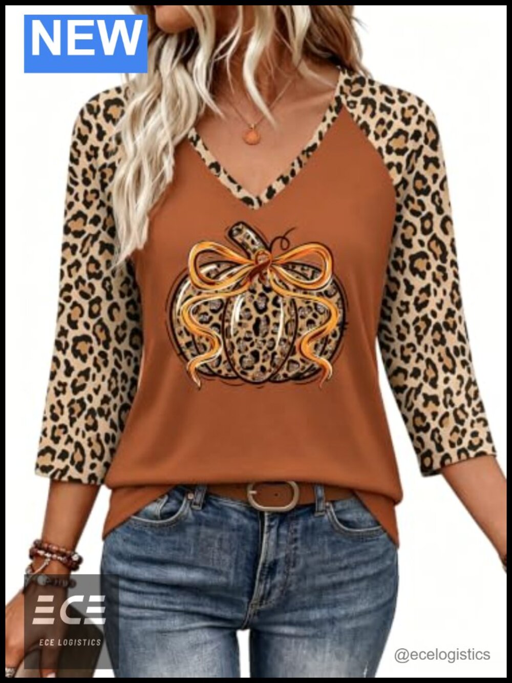 Halloween Shirt Womens Fall 3/4 Sleeve V Neck Pumpkin Tee
